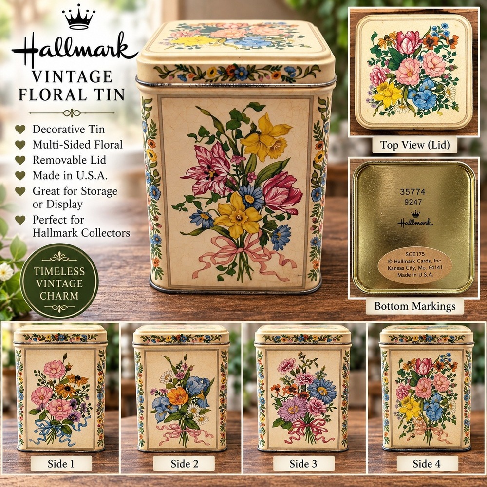 Vintage Hallmark Floral Tin 35774 Multi-Sided Botanical Decorative Storage USA